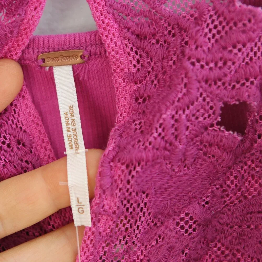 Free People Have My Heart Lace Tank Cotton Crop Top Pink Purple Buttons Summer - Picture 8 of 10